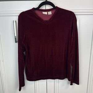 VTG 90s Y2K Velvet Maroon V Neck Long Sleeve Top Medium